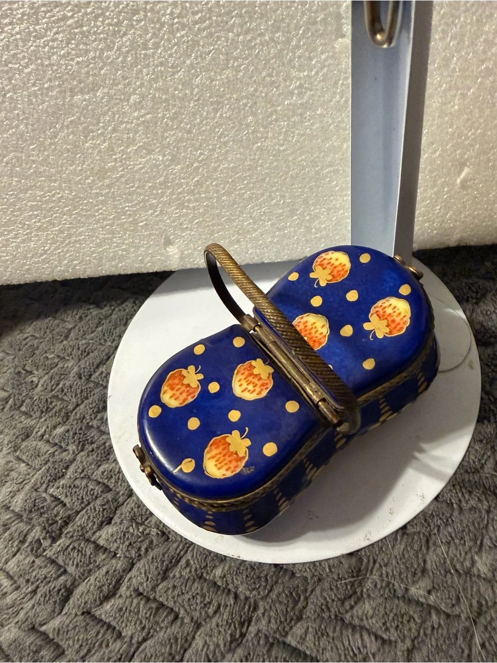 Limoges Blue Enamel Basket Cosmetic Box with Gold Accents